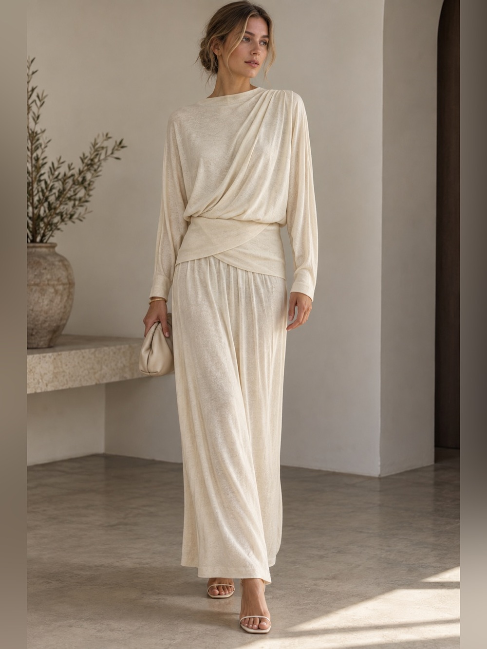 Vintage Cream Draped Maxi Dress with Wrap Detail